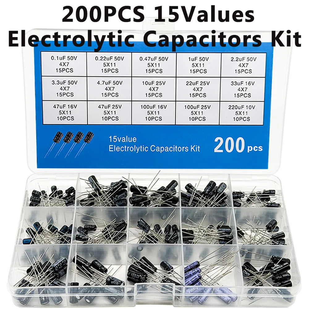 200 PCS Electrolytic Capacitor Kit – 15 Values 10V–50V