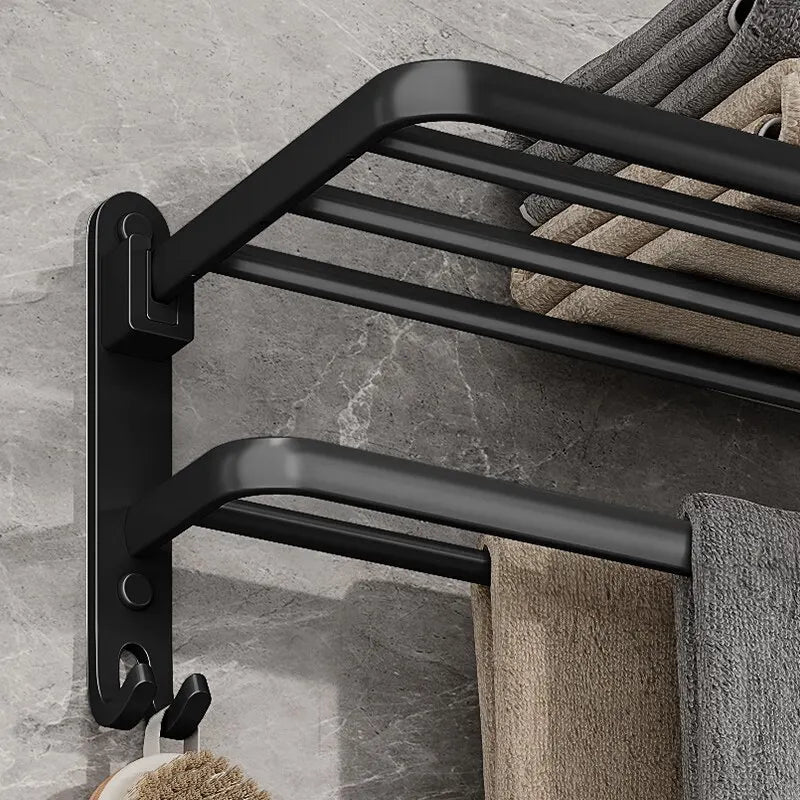 Matte Black Folding Double Bar Towel Rack | Wall Mount + Hook