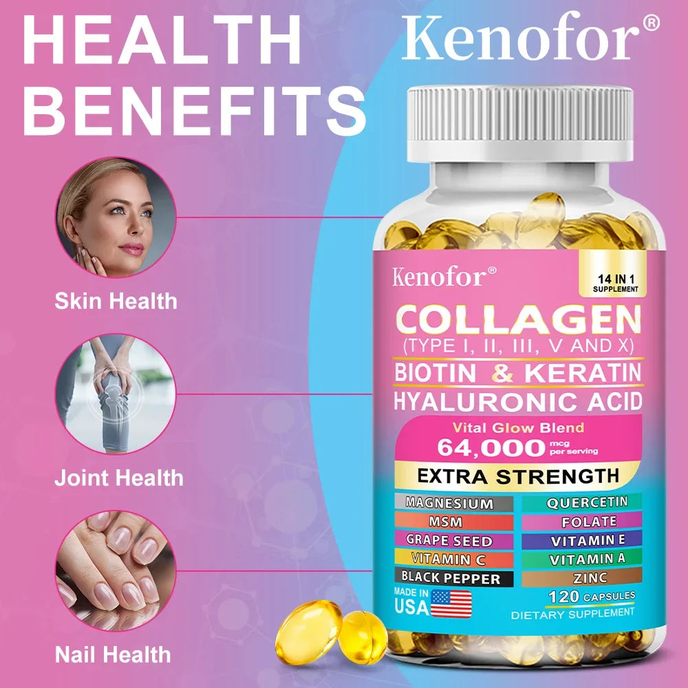 Multi Collagen Capsules Types I II III V X | Biotin Keratin Hair Skin Nails
