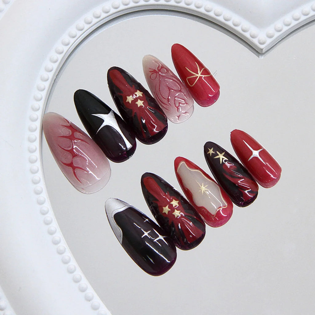 3D Star French Press On Nails – Deep Red Y2K Almond 24pc Set