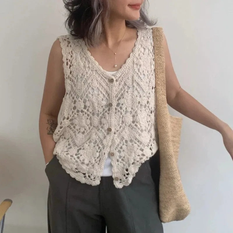Open Knit Floral Crochet Vest – Boho Sleeveless Cardigan