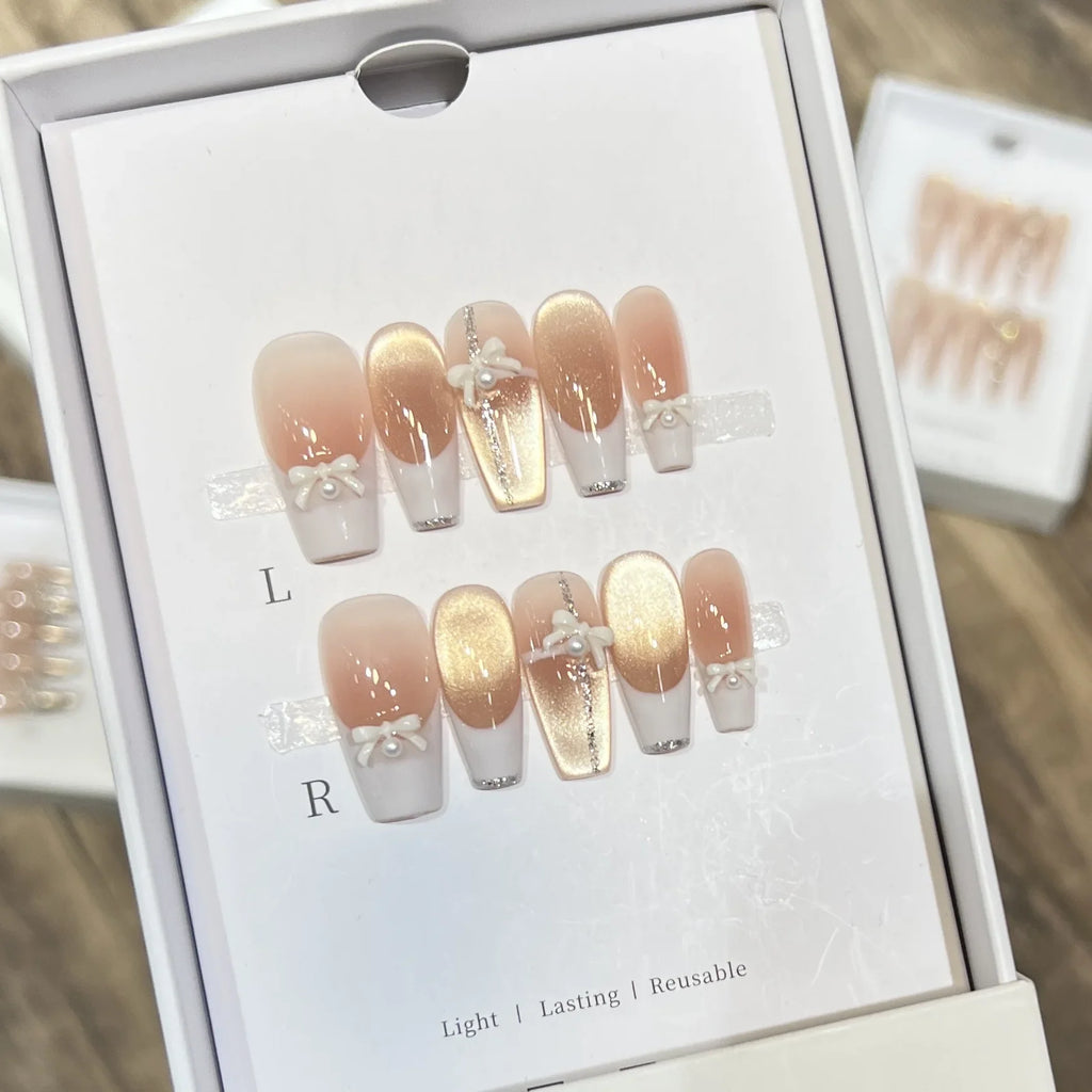 Handmade French Cat Eye Press On Nails – White Bow Short Round