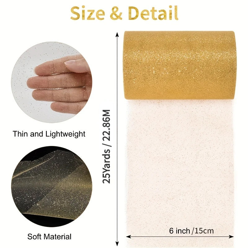 Gold Glitter Tulle Roll – 6" x 25 Yds Shimmer Mesh Ribbon