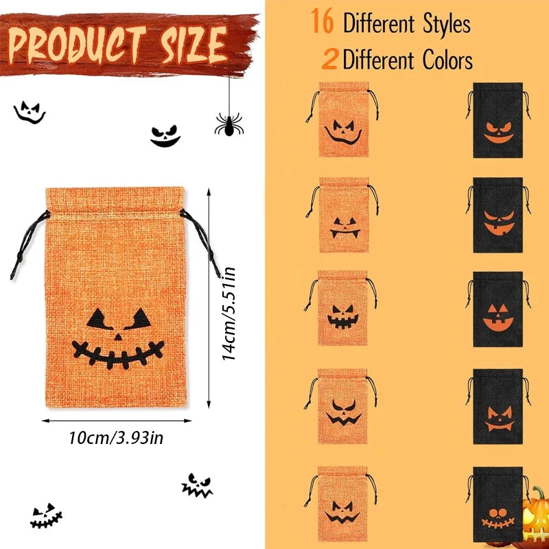 16-Pack Halloween Pumpkin Burlap Drawstring Candy Bags