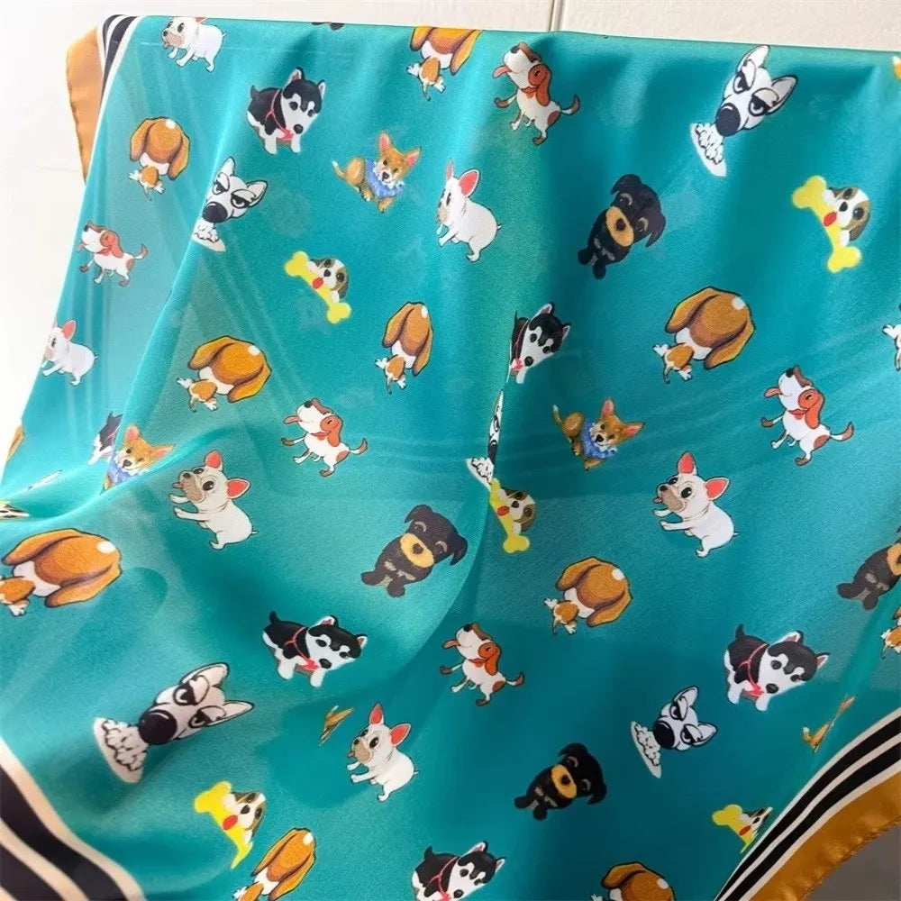 Women's 70x70cm Satin Square Scarf – Cute Dog Print Shawl