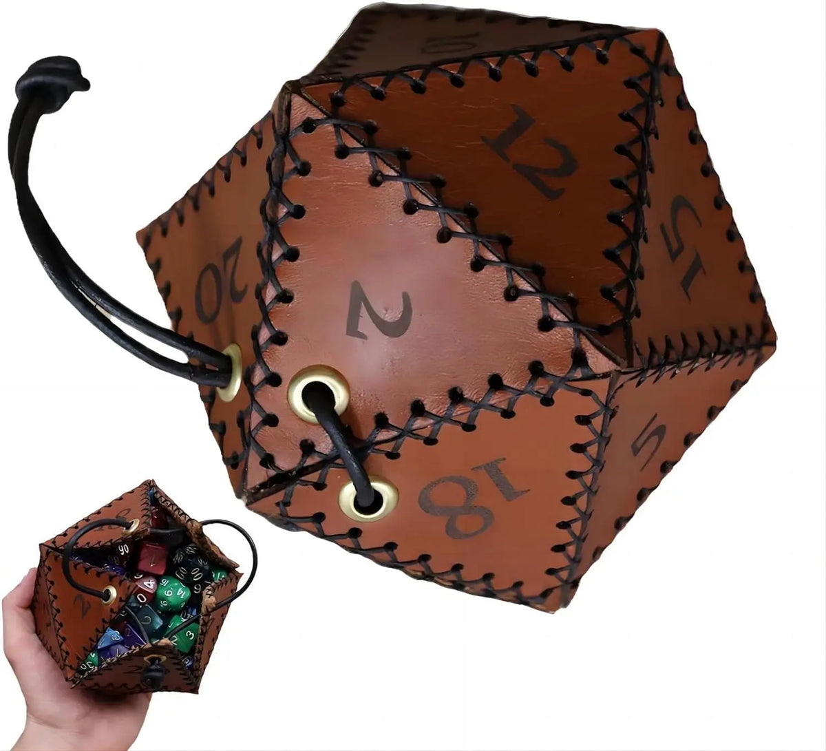Leather D20 Dice Bag – DND RPG Polyhedral Drawstring Pouch