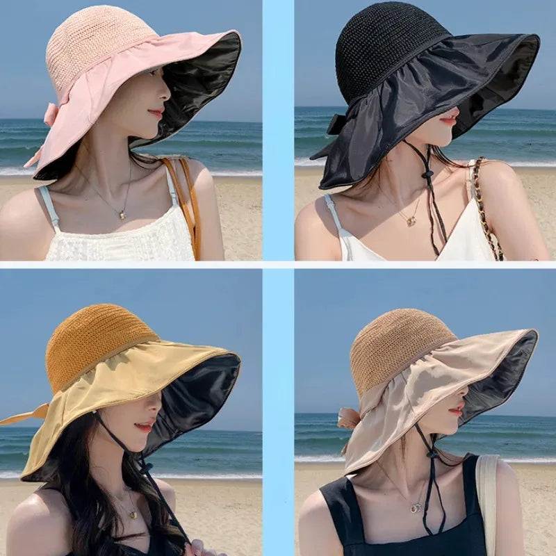 Women's Wide Brim Straw Bucket Hat – UV Sun Protection