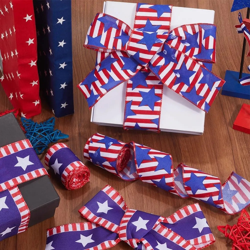 Patriotic Star Ribbon 2 Rolls – Red White Blue Polyester 60mm