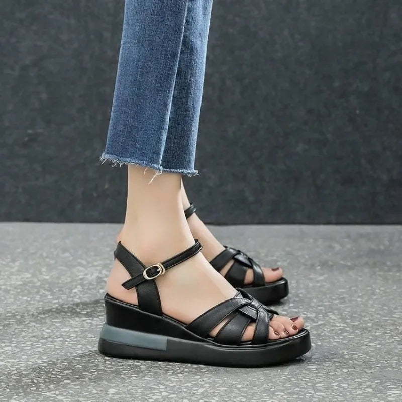 Women's Retro Hollow Button Open-Toe Wedge Sandals