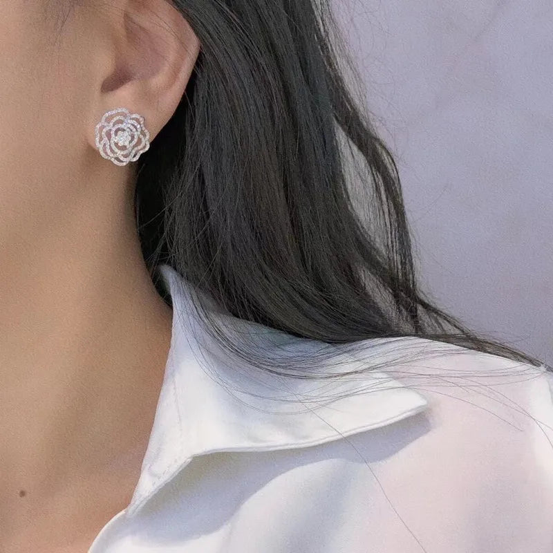 Huitan Camellia Flower CZ Crystal Stud Earrings – Silver