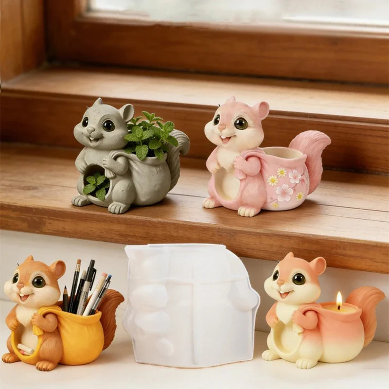 Squirrel Flower Pot Silicone Mold DIY Candle Holder Plaster Jar Molds