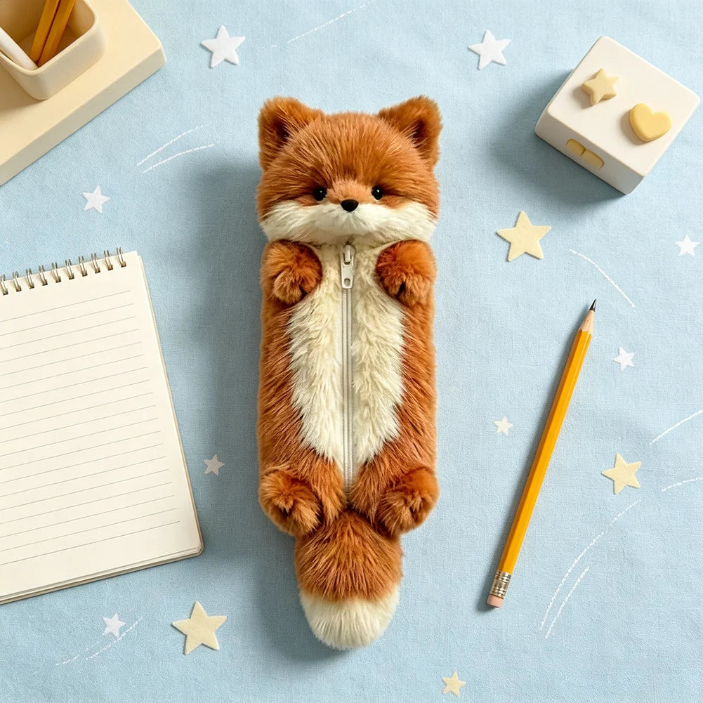 Plush Fox Pencil Case – Large Capacity Animal Stationery Pouch