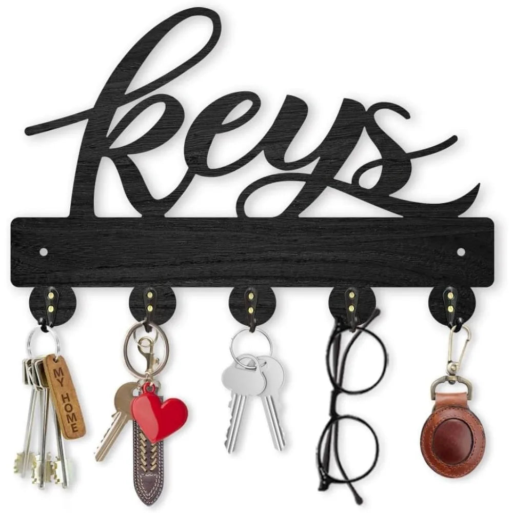 Wood Wall Key Rack with 5 Hooks – Black Entryway Organizer