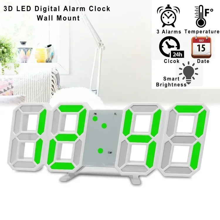 3D LED Digital Wall Clock – Alarm, Calendar & Night Light