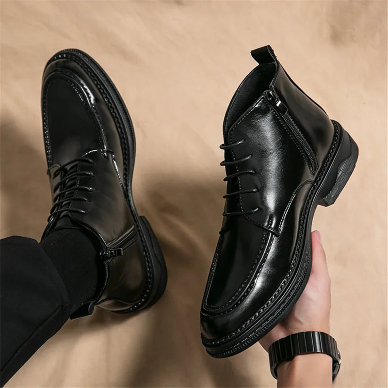 Men's British High-Top Pointed Toe Patent Leather Ankle Boots