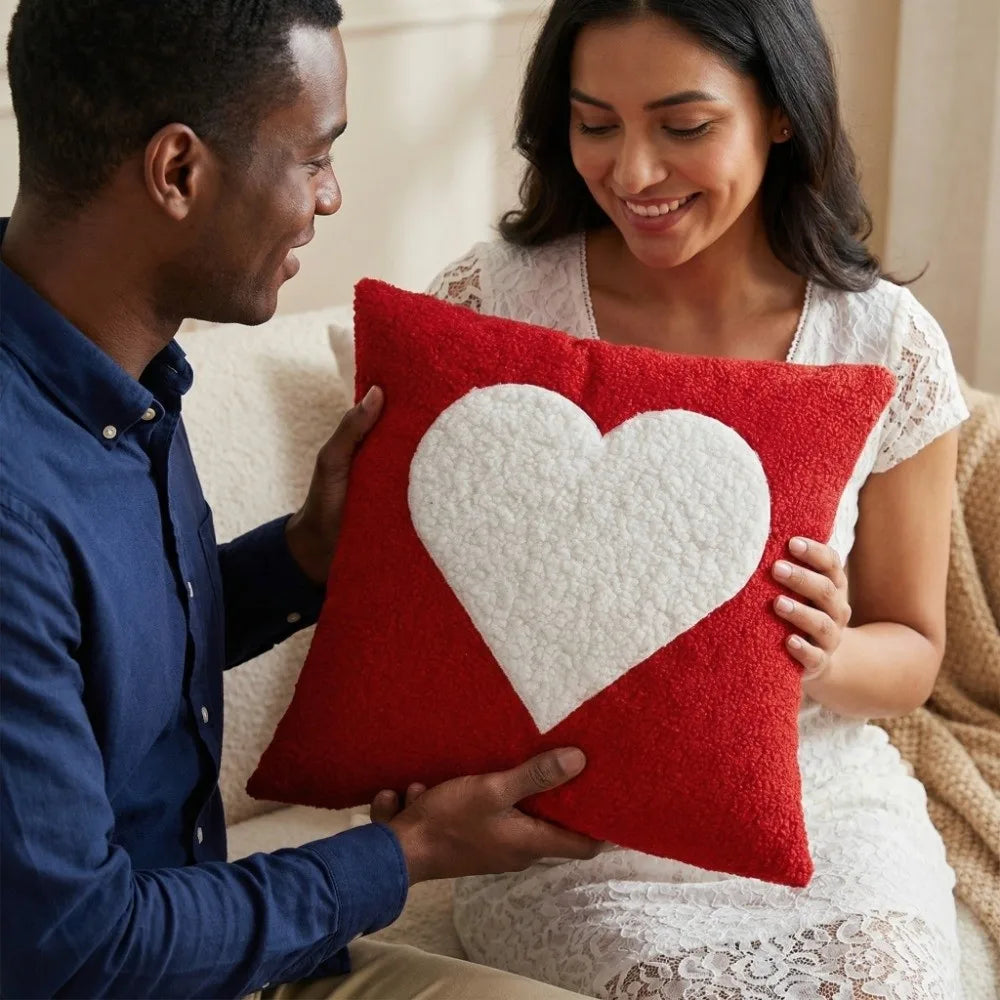 Heart Pattern Embroidered Throw Pillow Cover 45cm – Red & White