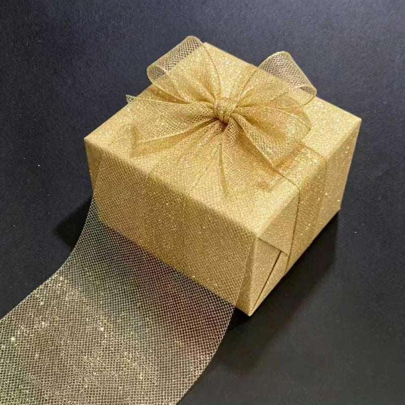 Gold Glitter Tulle Roll – 6" x 25 Yds Shimmer Mesh Ribbon
