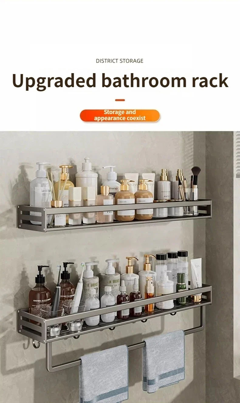 Aluminum Shower Corner Shelf with Towel Bar | No Drill