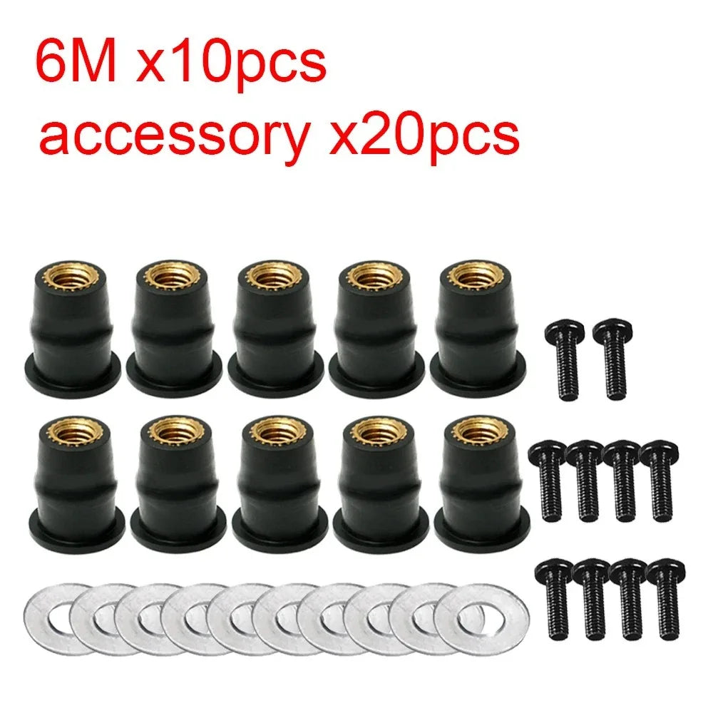 M5 M6 Motorcycle Windshield Bolt & Rubber Well Nut Set – 30Pc