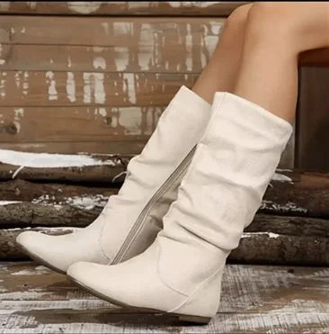 Women's Pleated Suede Mid-Calf Western Cowboy Boots | Side Zip