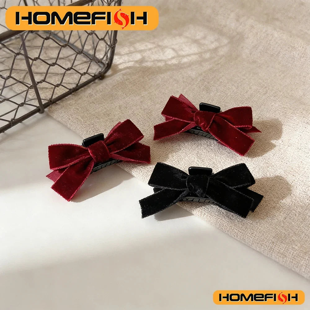 Black Bow Small Grab Clip Women's Autumn Winter Vintage Velvet Bangle