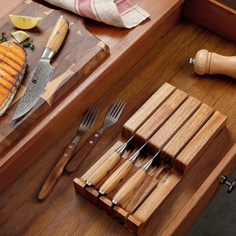 XINZUO 5-Pc Damascus Steak Knife Set | Olive Wood & Acacia Tray