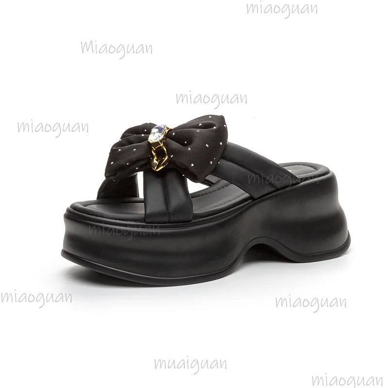 Women's Wedge Sandal Slippers – Butterfly Knot Rhinestone High Heel