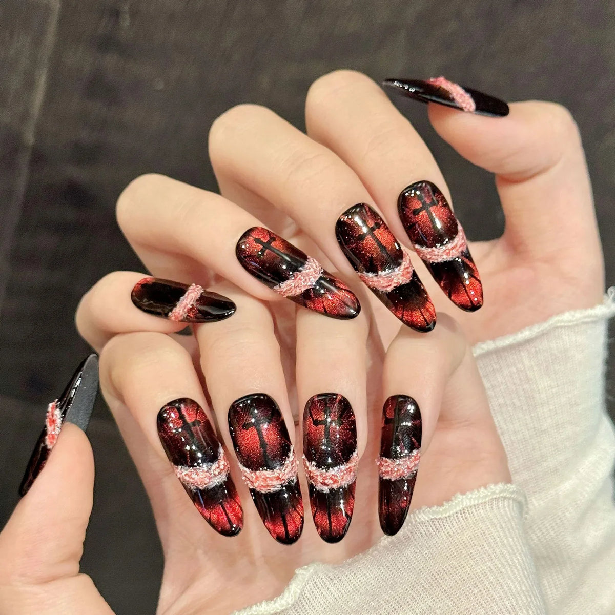 Y2K Cat's Eye Press-On Nails – Retro Red Brown Almond 10pcs