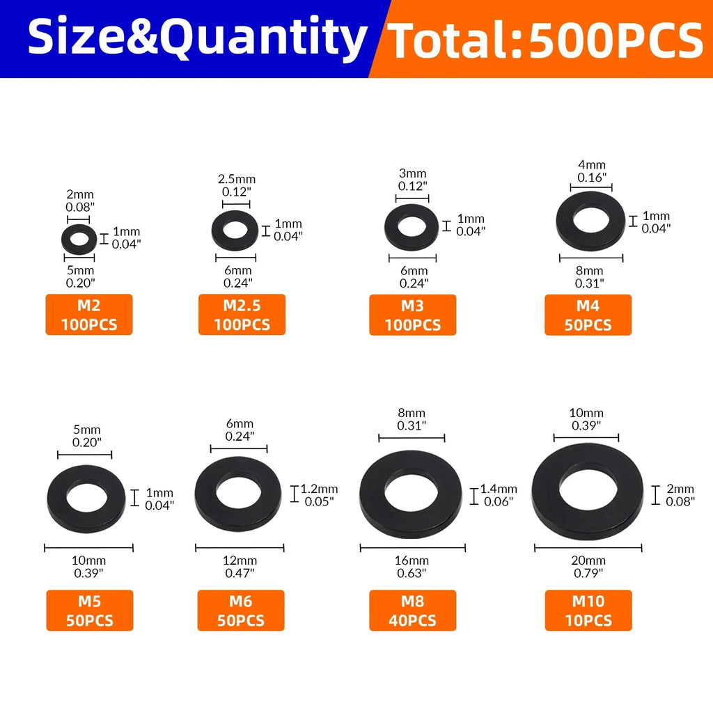 500 Pcs Nylon Flat Washer Kit M2–M10 | 8 Metric Sizes