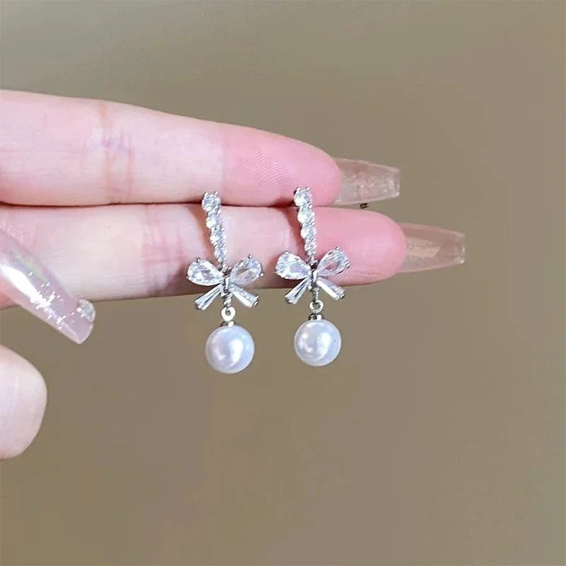 Bow Pearl Dangle Stud Earrings – Sweet Fashion Jewelry Women