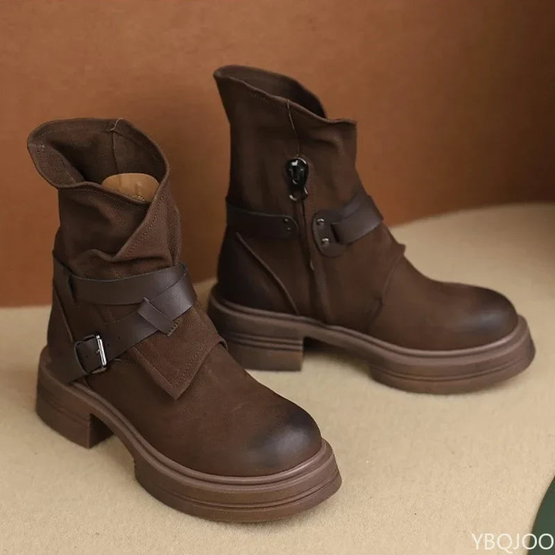 Women's Retro Ankle Boots – Thick Sole Square Heel Buckle Brown