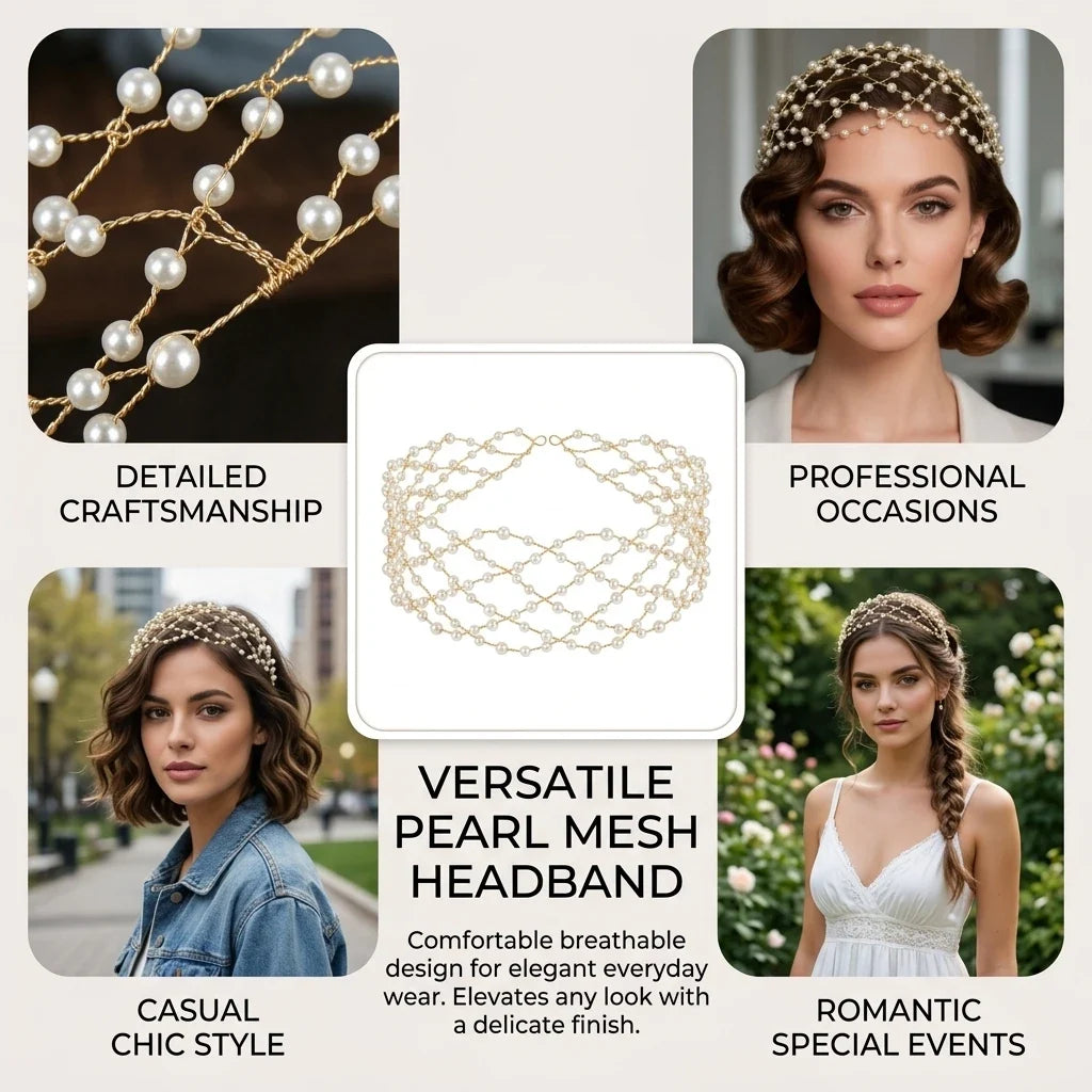 Pearl Embellished Mesh Headband for Women | Elastic Hair Band