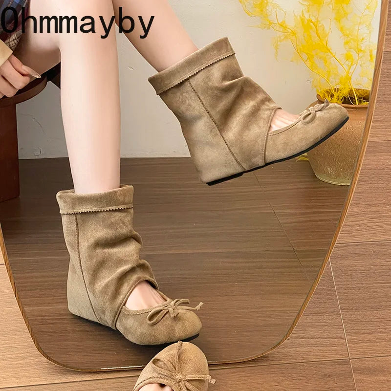 Women's Vintage Suede Mid-Calf Booties Butterfly-Knot Wedge