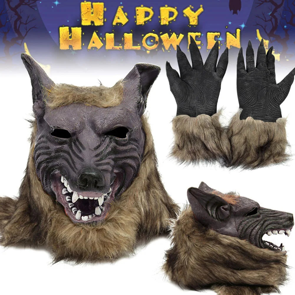 Halloween Wolf Mask & Plush Gloves Cosplay Costume Set