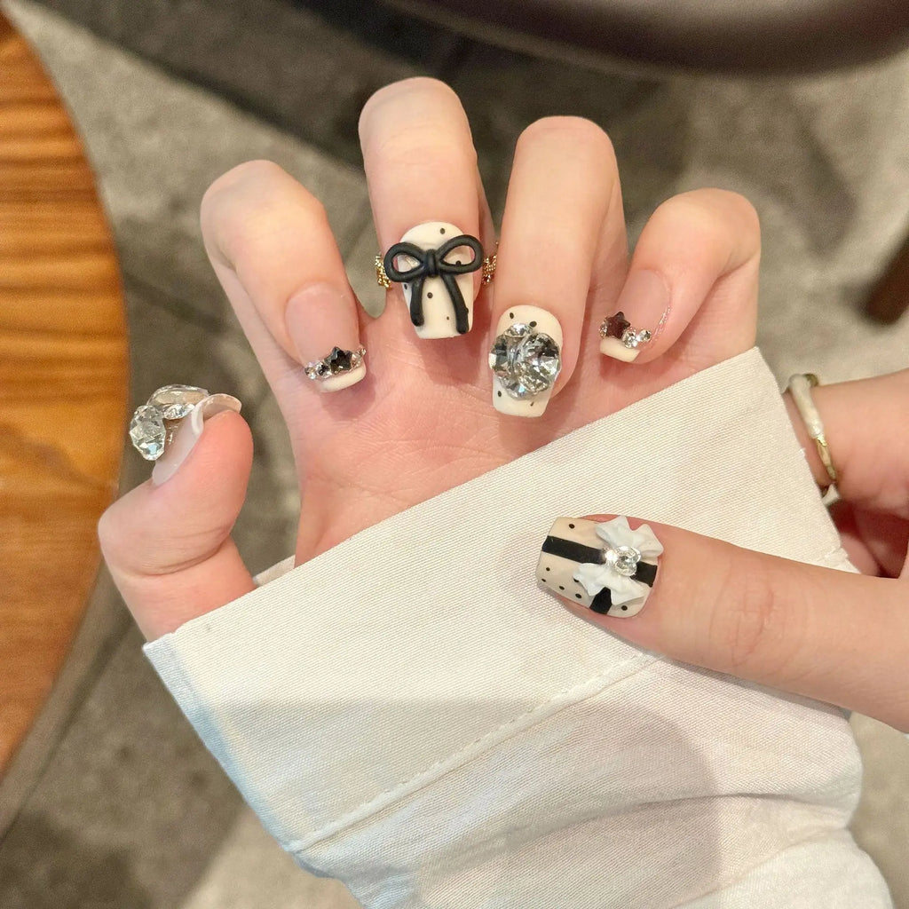 Black Bowknot Press-On Nails | Rhinestone French Short Fake Nails