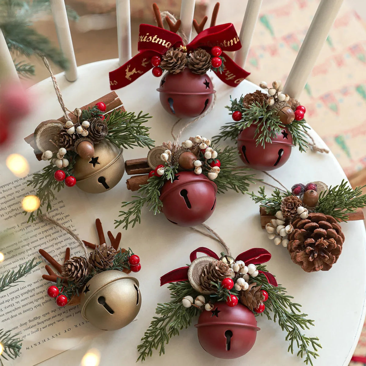 Christmas Bells Antlers Bows Pinecone Mixed Pendants Tree Window