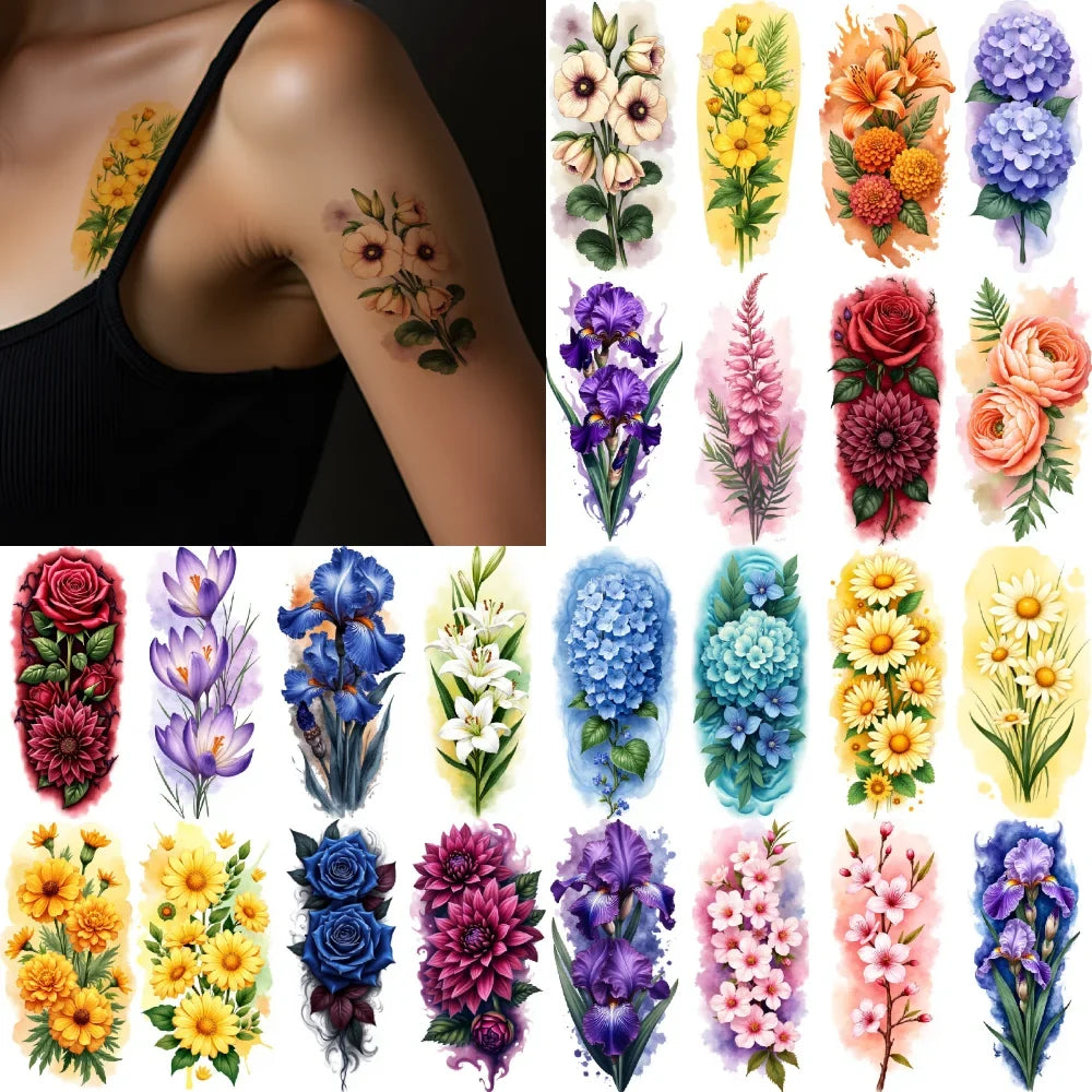 9-Pack Floral Temporary Tattoos – Waterproof Flower Designs