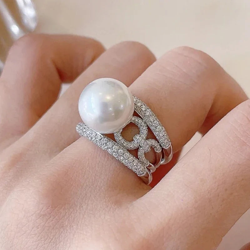 Huitan Simulated Pearl & CZ Wedding Band Ring for Women