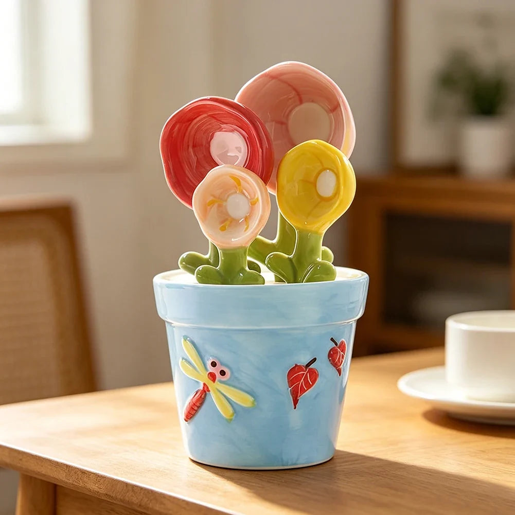 Ceramic Flower Measuring Spoons Set with Holder | Kitchen Decor