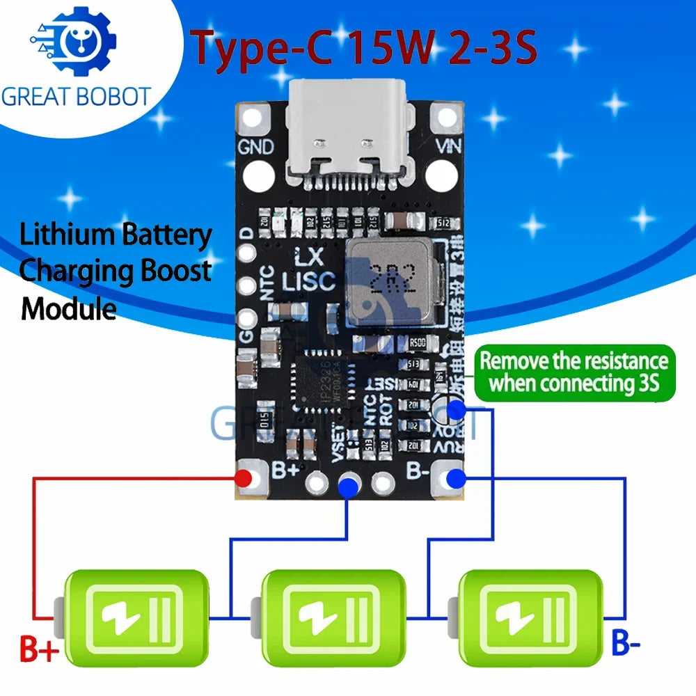 Type-C USB 2-3S BMS Lithium Battery Charging Module 15W Fast Charge