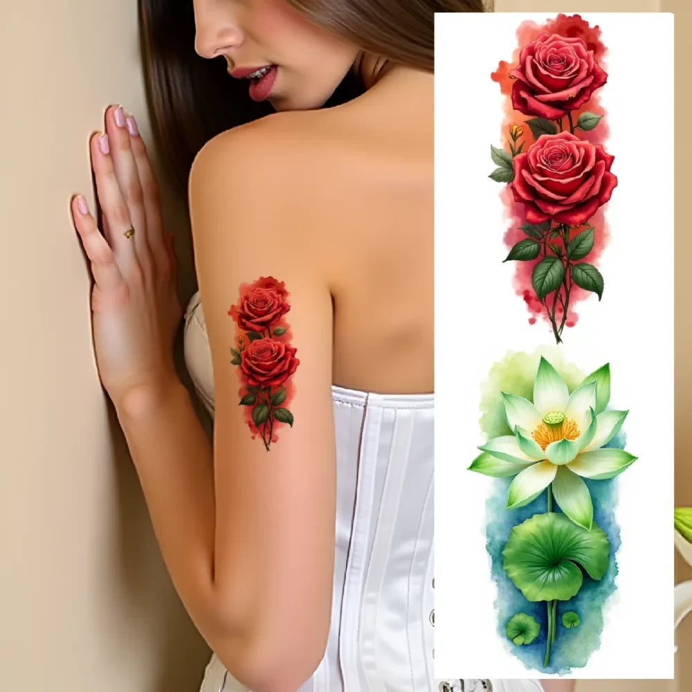 9pc Temporary Tattoos – Lotus, Green Leaves & Pink Blossoms