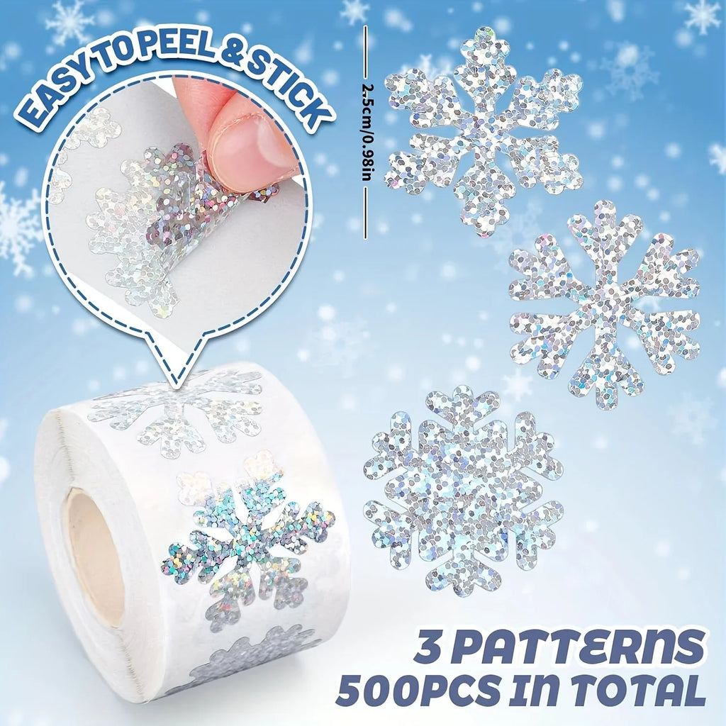 500 Laser Silver Snowflake Stickers Roll – Waterproof Christmas Tags