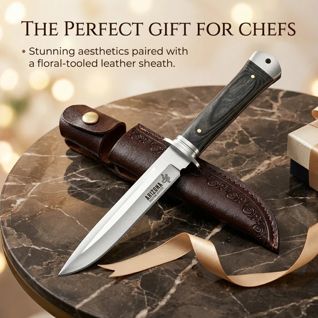 Fixed-Blade Kitchen Knife with Leather Sheath | Carbon Steel