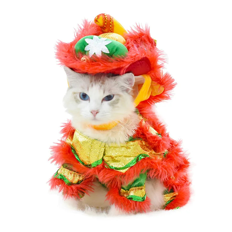 Funny Mischievous Cat Costumes Lion Dance Red Festive Year Pet