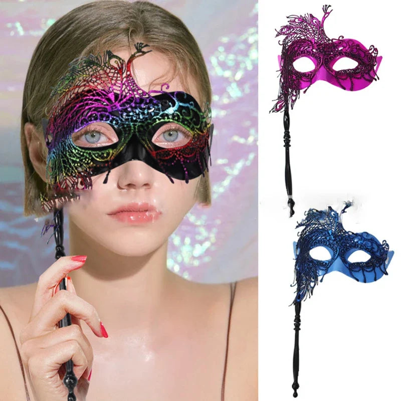 Venetian Masquerade Mask Holding Stick Women Feather Mardi Gras Masks