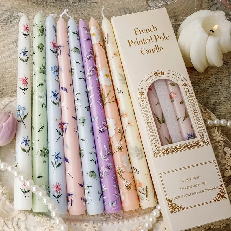 French Rose Printed Soy Wax Taper Candles – Set of 2 | Home Décor