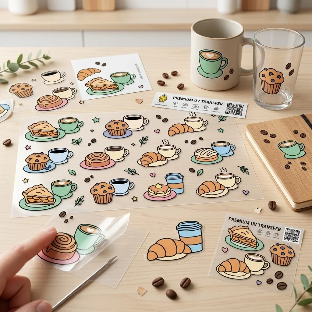 Coffee & Pastry UV Transfer Stickers – Waterproof Cartoon Decals