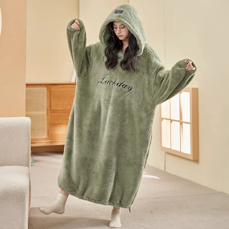 Women's Hooded Coral Velvet Nightgown – Plush Flannel Pajama Dress