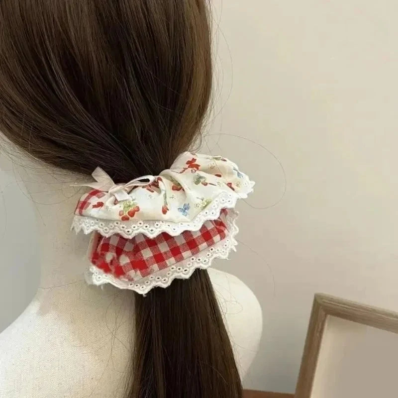 Lace Plaid Heart Ribbon Hair Scrunchie & Bandana for Women