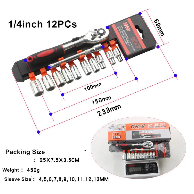 12-Piece Ratchet Socket Wrench Set – 1/4, 3/8 & 1/2 Drive
